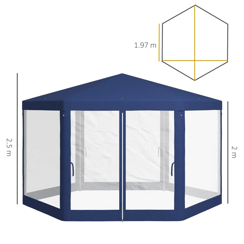 Outsunny 4m Hexagon Gazebo Party Tent, Screen House Patio Canopy Event Shelter for Activities, Shade Resistant, Blue