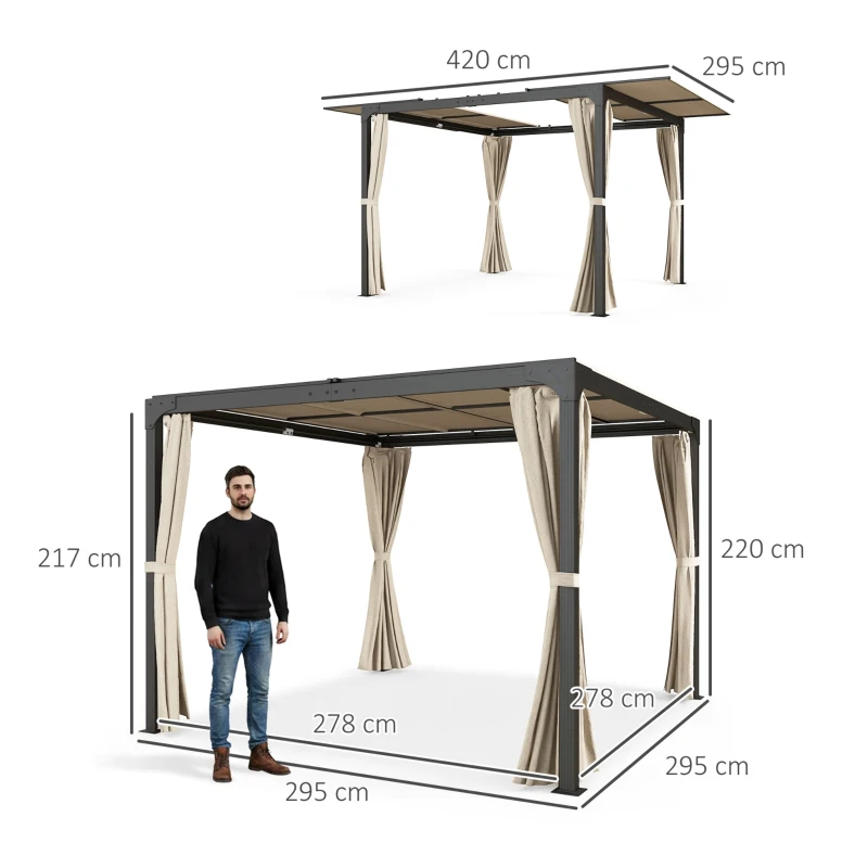 Outsunny Cenador de Jardín con Techo Corredizo Cortinas y Estructura de Aluminio y Acero para Exteriores 420x295x220 cm Beige