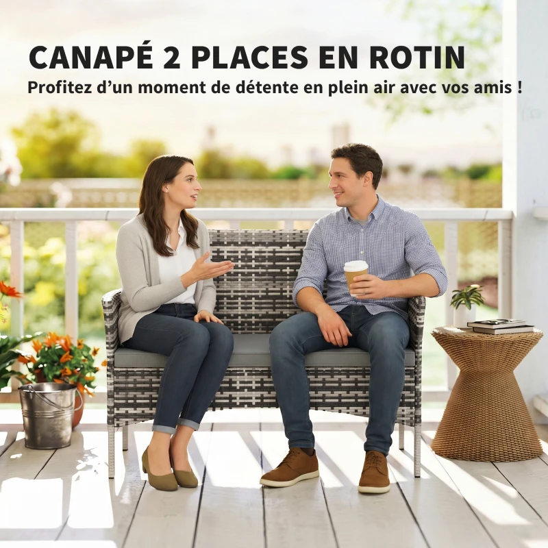 Outsunny Canapé de jardin 2 places en résine tressée avec coussins canapé d'extérieur avec accoudoirs 115 x 63 x 85 cm gris clair