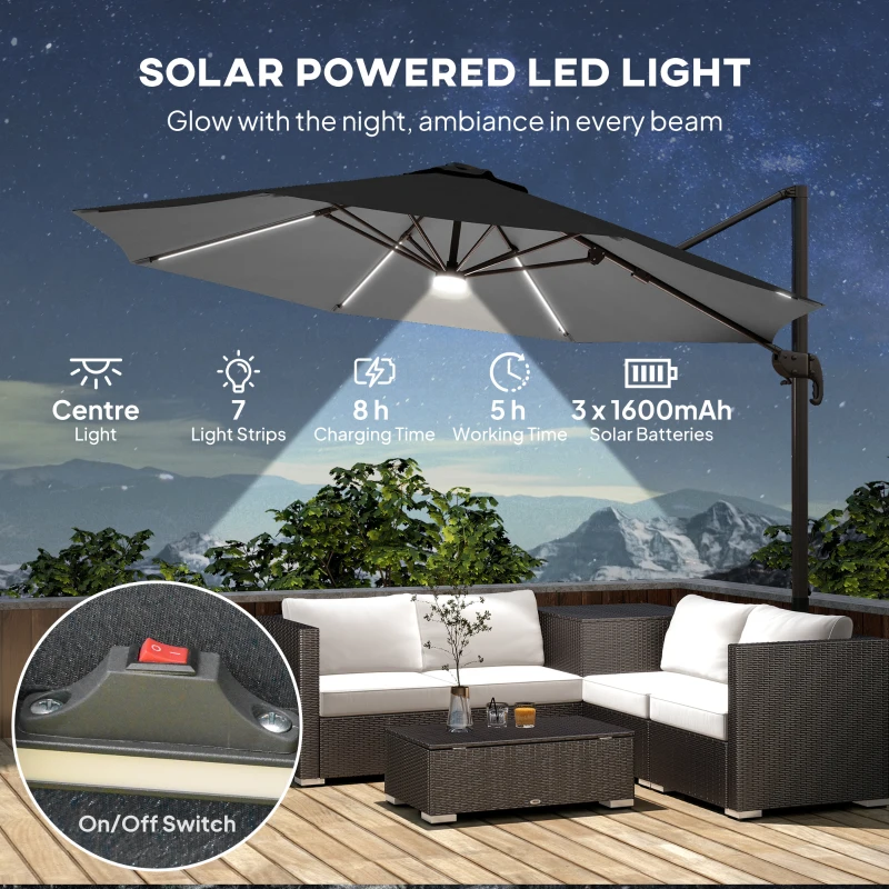 Outsunny Cantilever Parasol, with LED Lights and Cross Base - Dark Grey