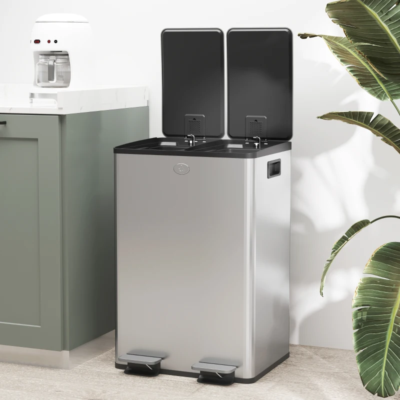 HOMCOM Pattumiera Differenziata 28L con 2 Scomparti a Chiusura Silenziosa, in Acciaio Inox e PP, 45.8x36x67.6 cm, Argento