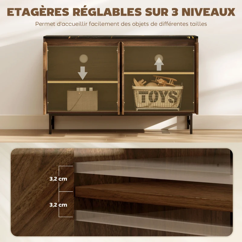 HOMCOM Meuble TV, meuble télé avec 4 portes, plateau effet marbre, étagères réglables, 120x39x76cm, noyer