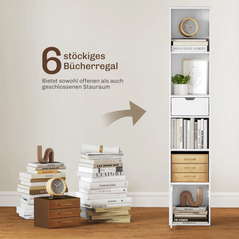 HOMCOM Bücherregal mit 6 Ebenen, 3-stufig verstellbar, mit Schublade, Schranktür, anpassbares Regal, Ausstellungsregal, Weiß