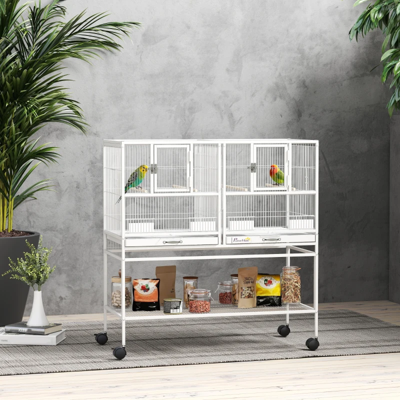 PawHut Gaiola para Pássaros Grande com Divisor Rodas 4 Comedouros 4 Poleiros Prateleira 2 Bandejas Removíveis 95x45,5x102 cm Branco