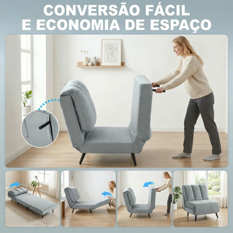 HOMCOM Sofá-Cama Individual 3 em 1 Dobrável com Encosto Ajustável e Almofada Espessa para Sala 72x88x87 cm Cinzento