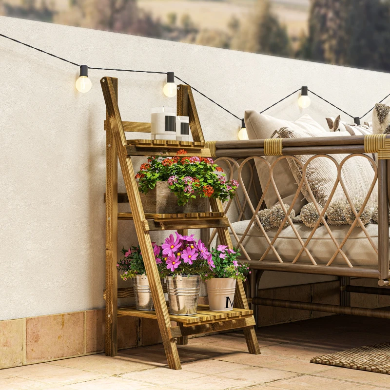 Outsunny Portapiante Pieghevole Portavasi in Legno di Abete con 3 Livelli Scaffale da Esterno per Piante Portafiori 40x37x93cm