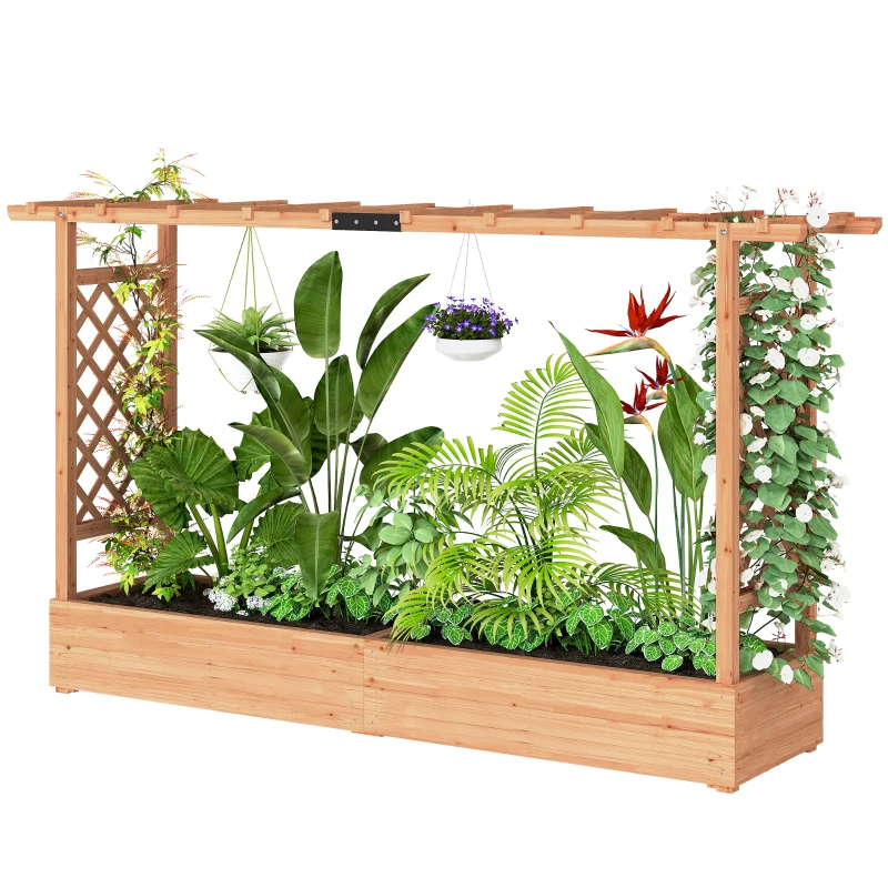 Outsunny Raised Planter with Trellis, Wooden Raised Bed for Garden with Hanging Roof and Drainage Holes, Outdoor Planter Box