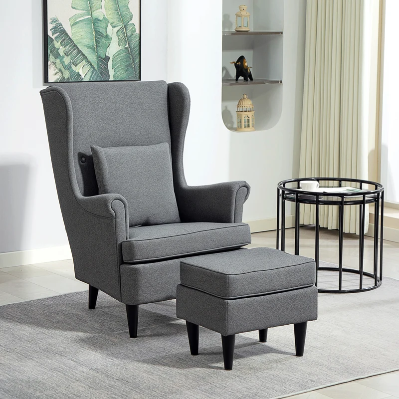 HOMCOM Sillón con Reposapiés Respaldo Alto Capitoné Patas de Madera Almohada Acolchada y Tapizado en Lino Gris