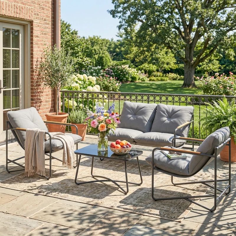 Outsunny Salon de Jardin 4 Pièces Ensemble avec Canapé 2 Places, 2 Fauteuils et Table Basse Verre Trempé Coussins 13cm Gris Clair