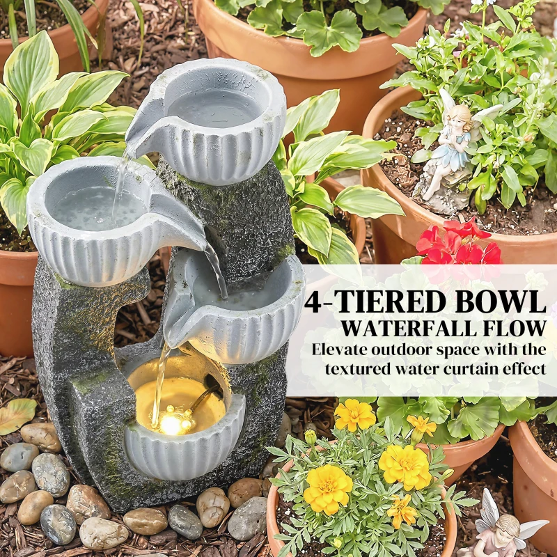Outsunny 4-Tier Bowl Water Feature, Indoor Outdoor Garden Water Fountain with Pump and LED Lights, Resin Cascading Waterfall