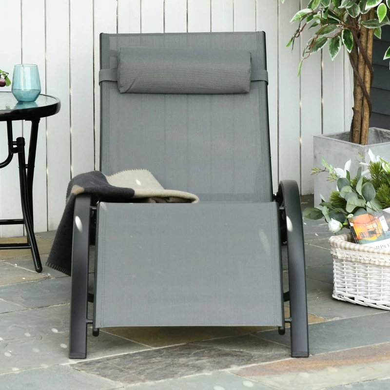 Outsunny Tumbona Reclinable de Aluminio con Respaldo Ajustable en 5 Posiciones y Reposacabezas Extraíble Acolchado Texteline para Jardín Terraza Balcón 171x64x82 cm Gris