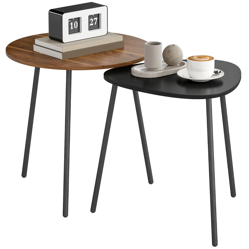HOMCOM Set 2 Mese de Cafea Suprapozabile cu Cadru din Metal pentru Living și Birou, Nuc și Negru
