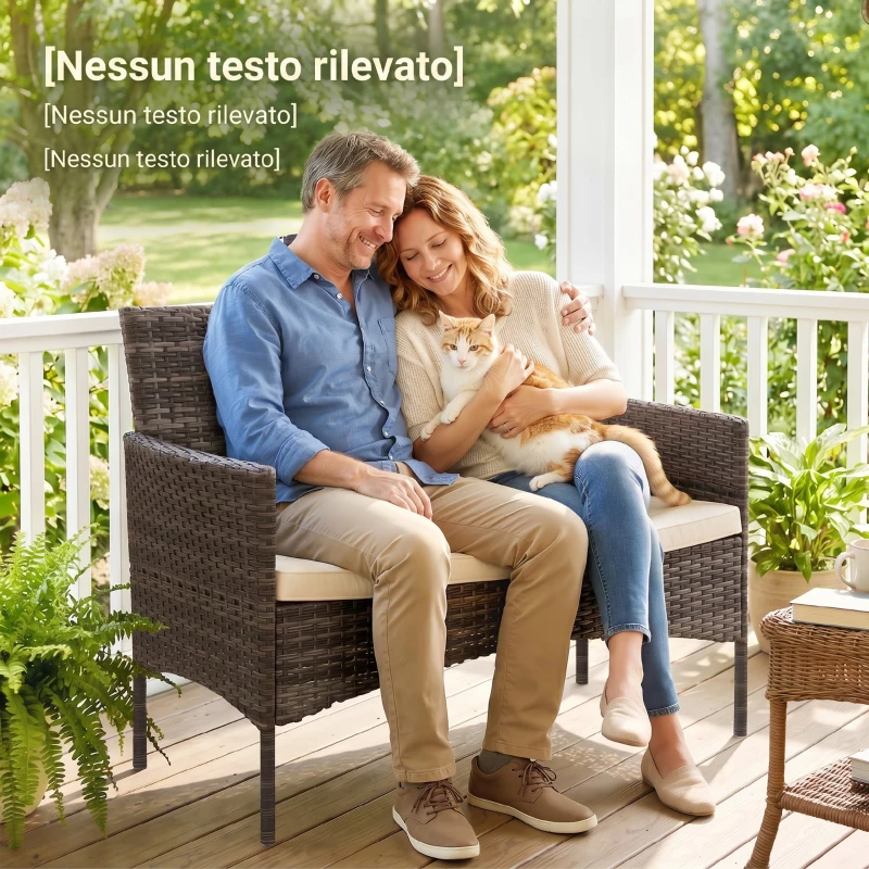 Outsunny Divano da Giardino 2 Posti con Cuscini e Tappetini Antiscivolo, in Rattan e Acciaio, 115x63x85 cm, Beige