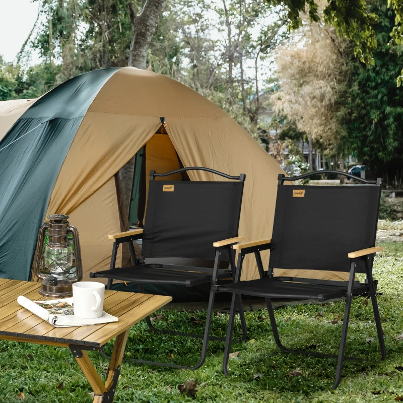 Outsunny Campingstühle, 2 x Strandstuhl, faltbar, Stahl, Holzoptik, Schwarz