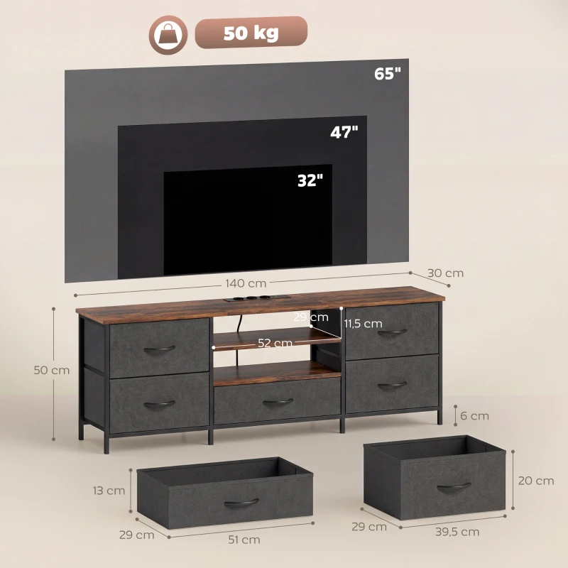 HOMCOM Meuble TV 140 cm, meuble télé 65 pouces, station de charge, 5 tiroirs en tissu, étagères ouvertes, 140x30x50cm, marron