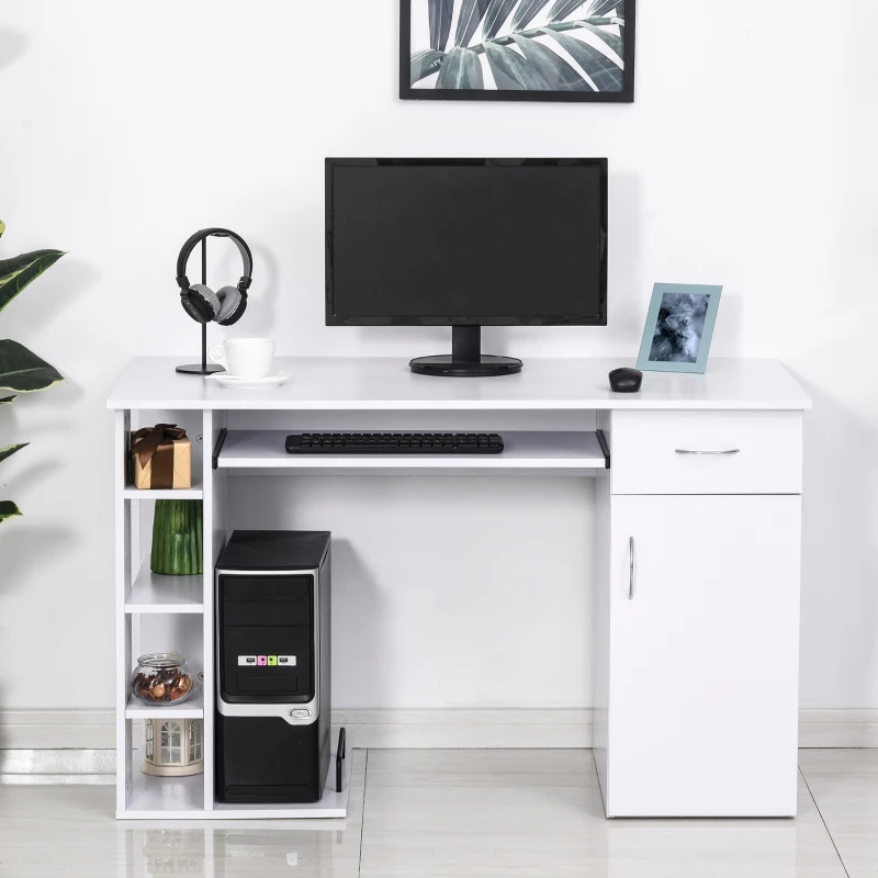 HOMCOM Scrivania per PC Ergonomica con Mensole, Armadietto, Cassetto e Piano Tastiera Estraibile, Bianca, 120x60x74cm