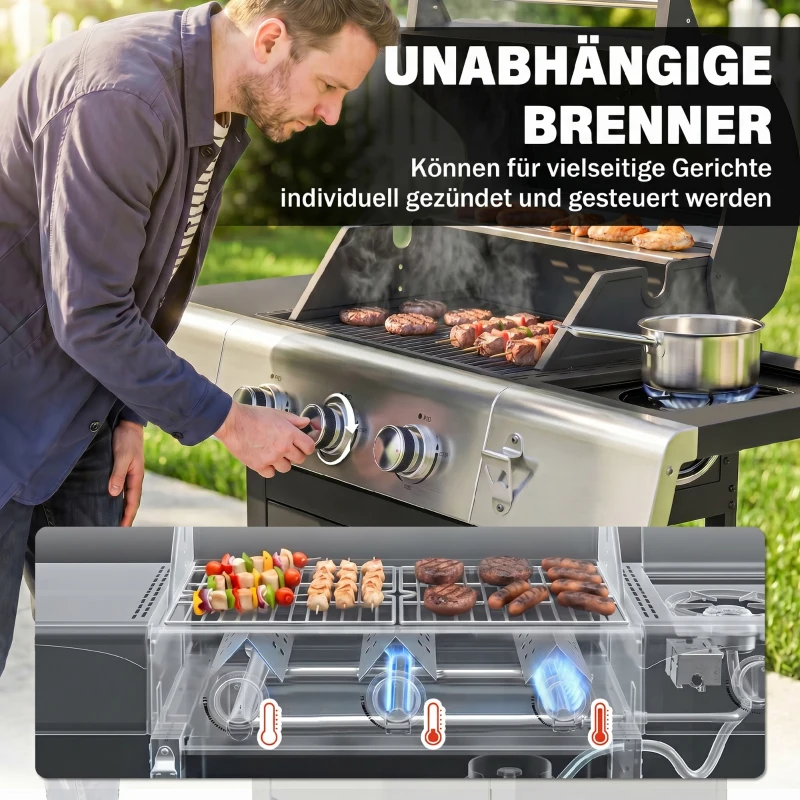 Outsunny Gasgrill 10,5 KW 3+1 Brenner BBQ Grillwagen Edelstahl inkl Seitenbrenner Flaschenöffner Thermometer Gusseisen-Grillrost