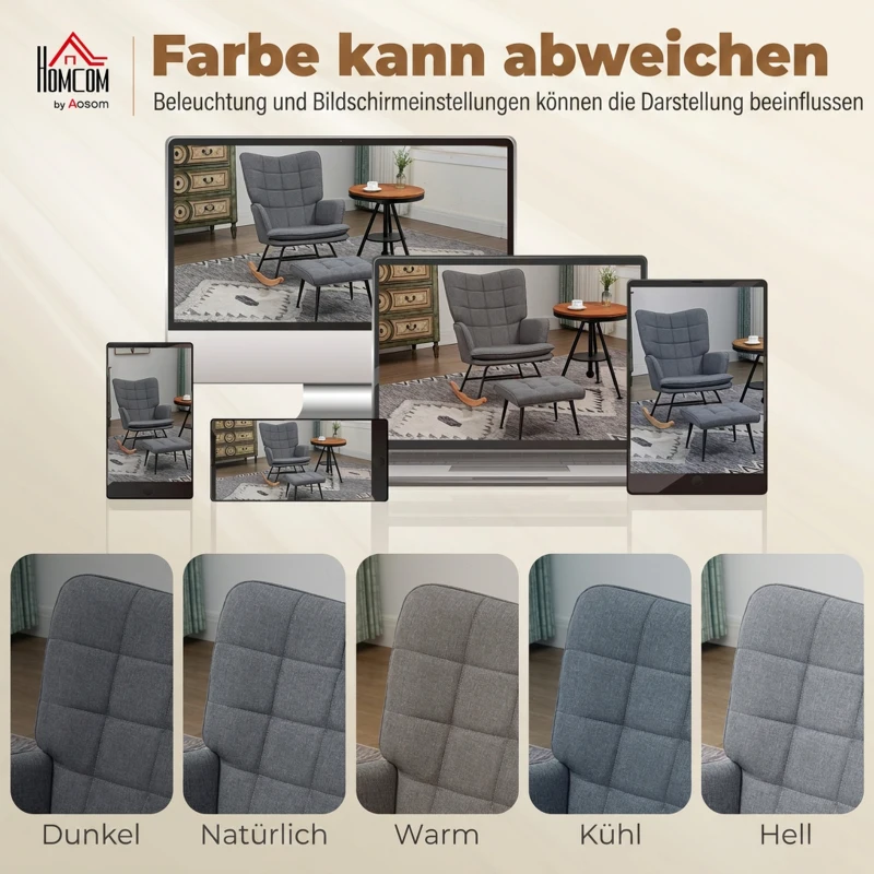 HOMCOM Schaukelstuhl mit Hocker, komfortabel, bis 130 kg, Leinenoptik, 64x89x90cm, Grau(m-7)
