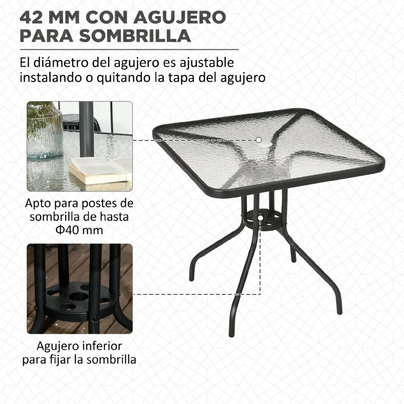 Outsunny Mesa de Jardín Cuadrada 76x76x72 cm con Agujero para Sombrilla y Encimera de Vidrio Templado para Patio Terraza Negro