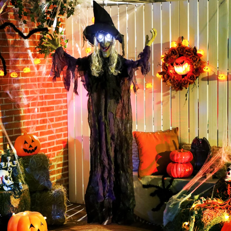 Outsunny 183cm Halloween Dekoration Hängende Halloween Hexe mit LED-Lichter, Soundfunktion verstellbare Arme, Mund