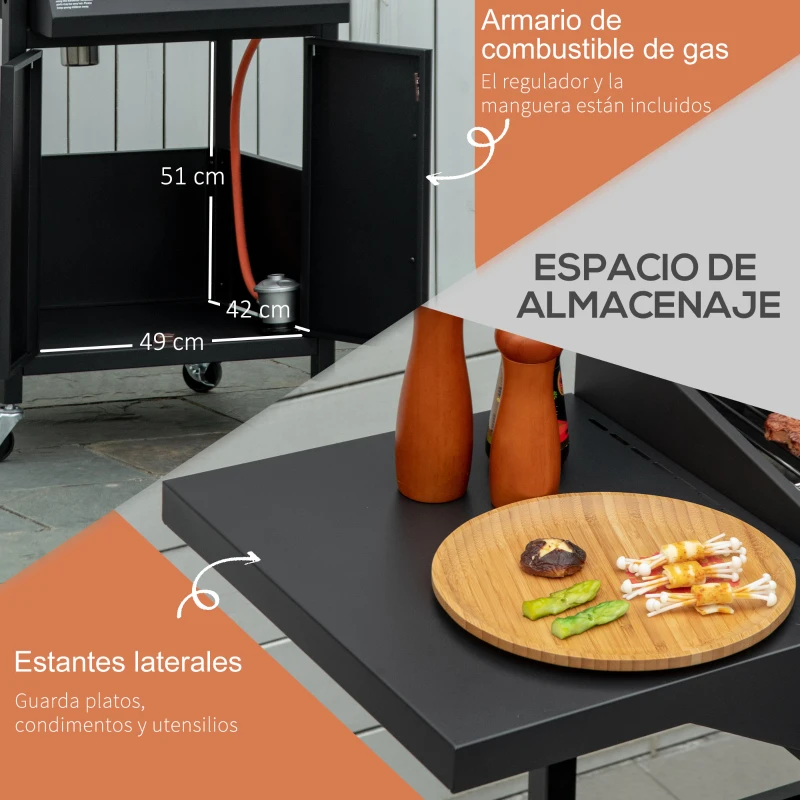 Outsunny Barbacoa de Gas con 3 Quemadores 8,7 KW con 2 Mesas Laterales Armario de 2 Puertas 4 Ruedas y Frenos 121x55x109 cm Negro
