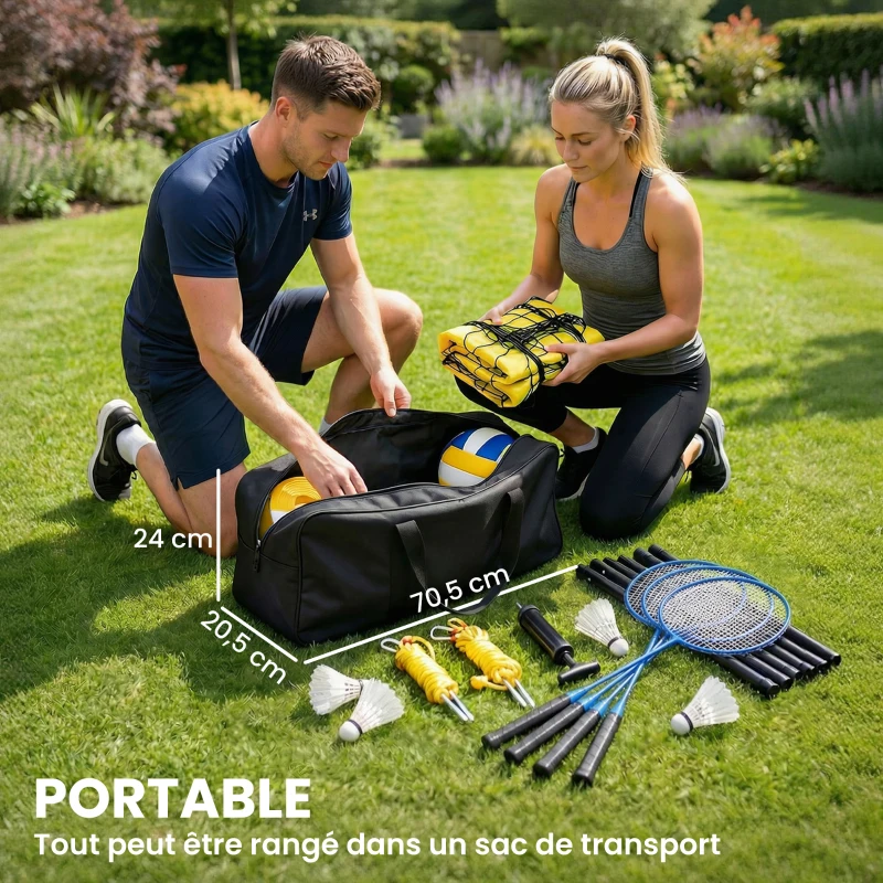 SPORTNOW Ensemble de Volley-Ball et Badminton, Poteaux en Acier Hauteur Réglable, Sac de transport, pour Pelouse Plage Jardin