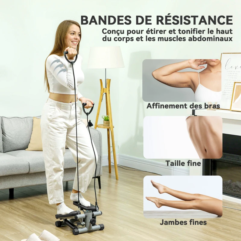 SPORTNOW Mini stepper de fitness machine de step bandes de résistance, écran LCD et pédales antidérapantes 41x30,5x18,5cm gris