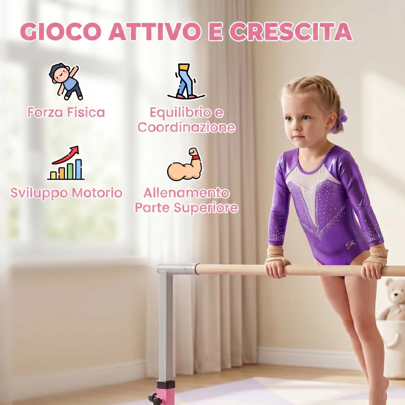 HOMCOM Barra da Ginnastica Artistica per Bambini 3+ Anni con Altezza Regolabile 92-150 cm, in Acciaio e Legno Massello di Faggio, Sbarra Orizzontali Danza Attrezzatura Palestra Antiscivolo, Rosa