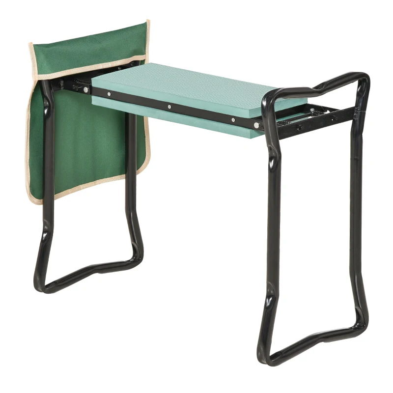 Outsunny Taburete de Jardín Plegable con Bolsa para Herramientas Protección Cojín Rodillas Asiento de Jardín con Almohadilla Altura Ajustable Soporta un máximo 150kg Color Verde Negro