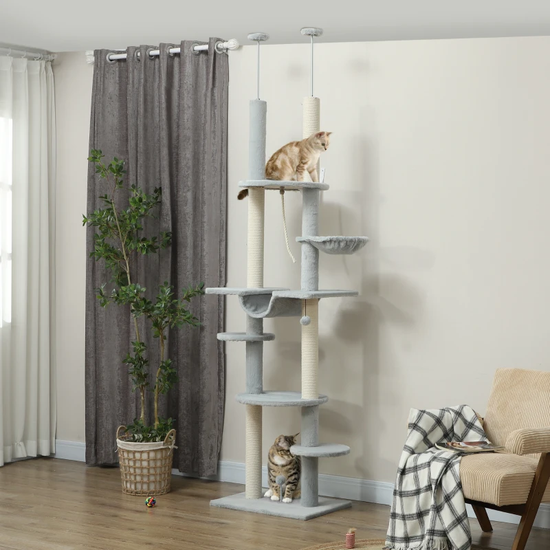PawHut Árbol para Gatos de Suelo a Techo 225-255 cm con Hamacas Plataformas Juguete de Cuerda Bola de Juguete Gris