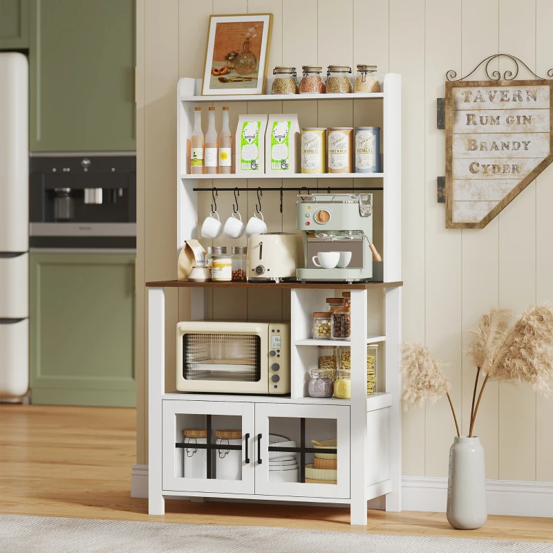 HOMCOM Alacena de Cocina con 6 Ganchos para Tazas 2 Puertas de Vidrio Estantes Abiertos 80x40x152 cm Blanco