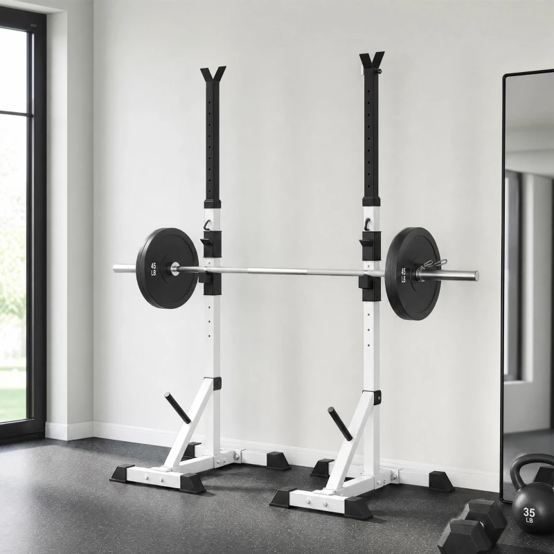 HOMCOM Set 2 Supporti Bilanciere in Acciaio con 3 Ganci, Altezza Regolabile e Portata 200kg, Argento e Nero