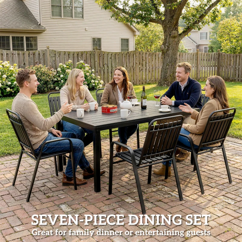 Outsunny 7 Pieces Outdoor Dining Set with Umbrella Hole, Garden Table and Chairs Set for 6 with Metal Table and Stackable Chairs