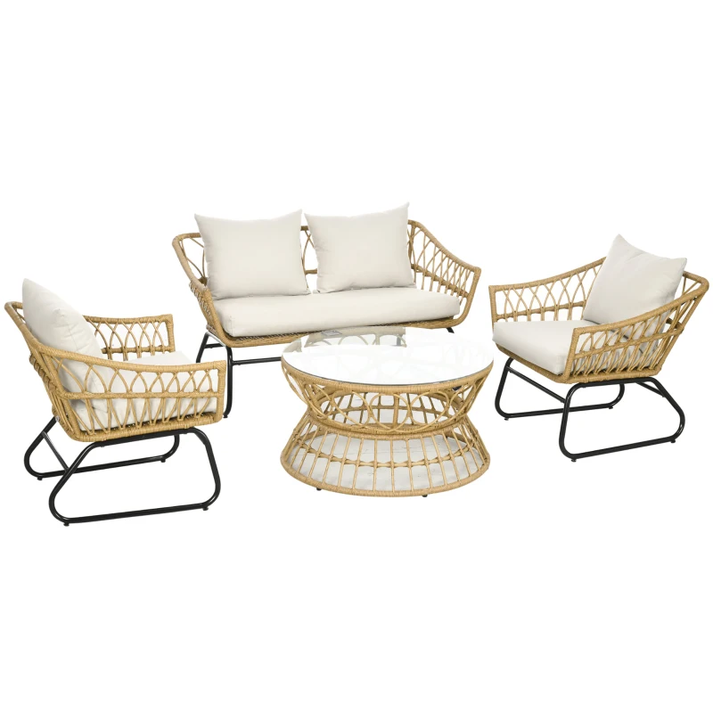 Outsunny Salon de jardin 4 pièces en résine tressée canapé 2 places + 2 fauteuils + 1 table basse sable et crème