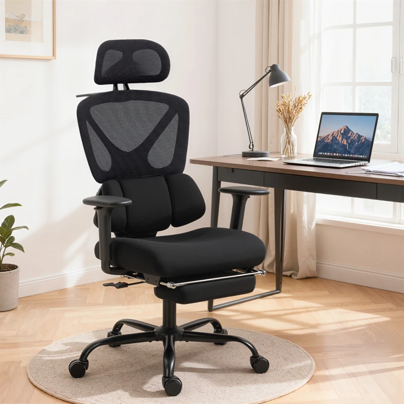HOMCOM Sedia da Ufficio Ergonomica e Traspirante con Supporto Lombare Dinamico e Poggiapiedi, 73x75x120-128 cm, Nero