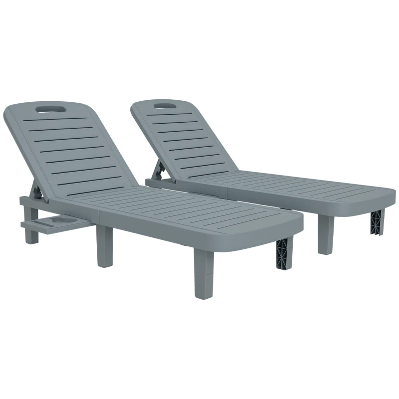 Outsunny Set de 2 șezlonguri, șezlonguri cu tăvi retractabile, înclinabile, suprafață efect lemn, 62 x 158 x 88 cm, gri