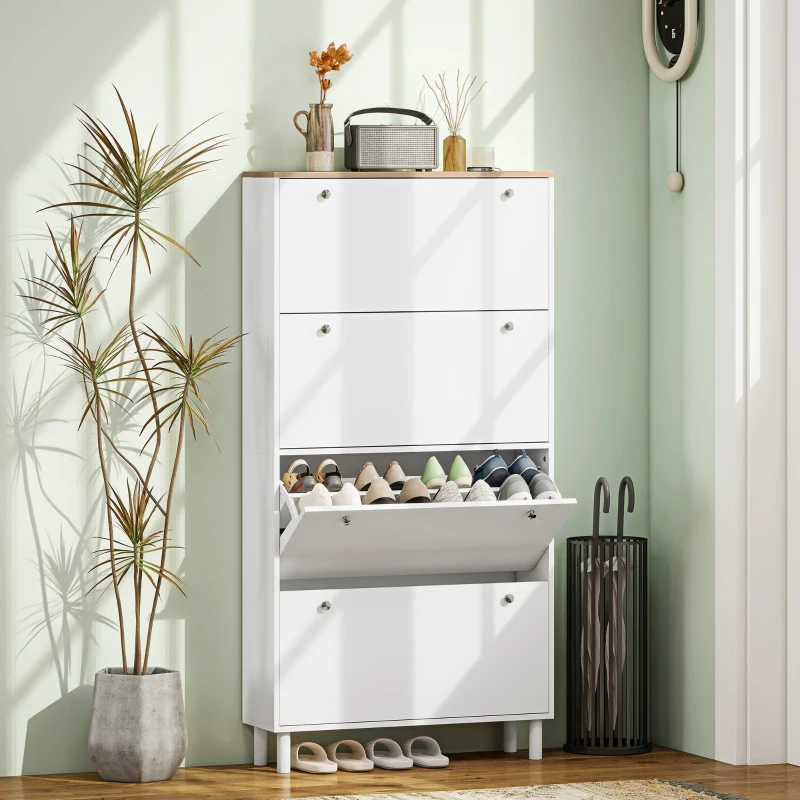 HOMCOM Dulap pentru Pantofi 32 Perechi cu 4 Sertare Rabatabile, Rafturi Reglabile, Modern, 80 x 23,5 x 157 cm, Alb