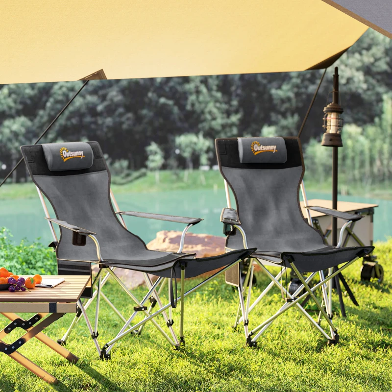 Outsunny Set 2 Sedie da Campeggio Pieghevoli con Poggiapiedi e Portabicchieri, 82x50/100x88 cm, Grigio