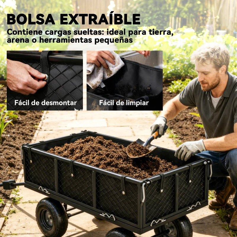 Outsunny Carrito de Jardín con Ruedas Grandes Bolsa Impermeable Removible y Mango Giratorio Carga 300 kg 105x51x54 cm Negro