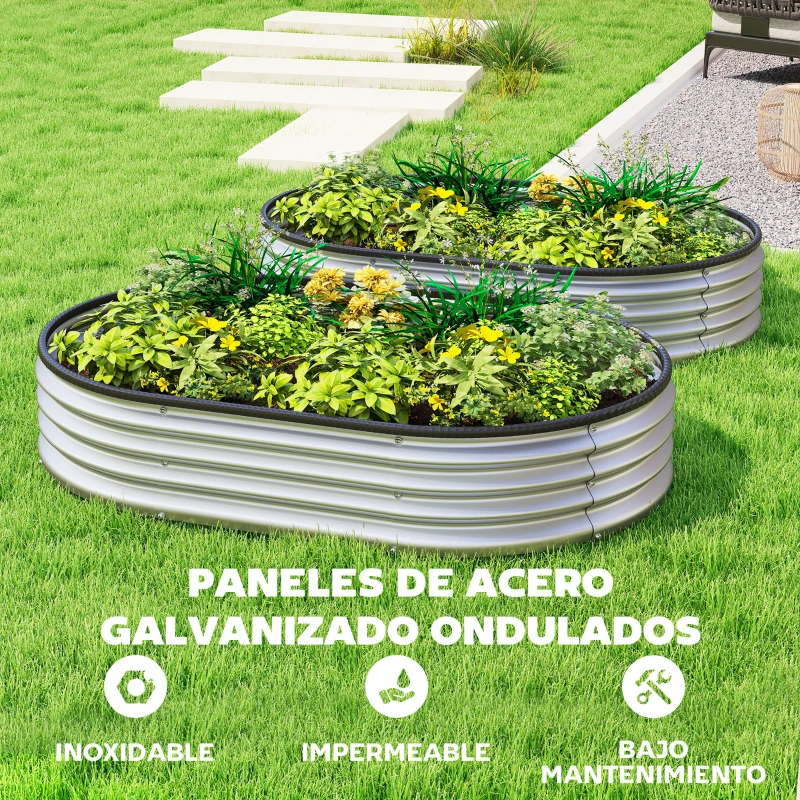 Outsunny Juego de 2 Jardineras Exterior Grandes de Acero Galvanizado Huertos Urbanos para Terraza Jardín 135x90x30 cm Plateado
