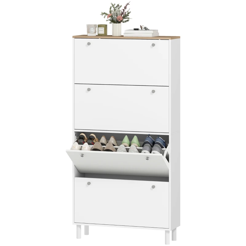 HOMCOM Dulap pentru Pantofi 32 Perechi cu 4 Sertare Rabatabile, Rafturi Reglabile, Modern, 80 x 23,5 x 157 cm, Alb