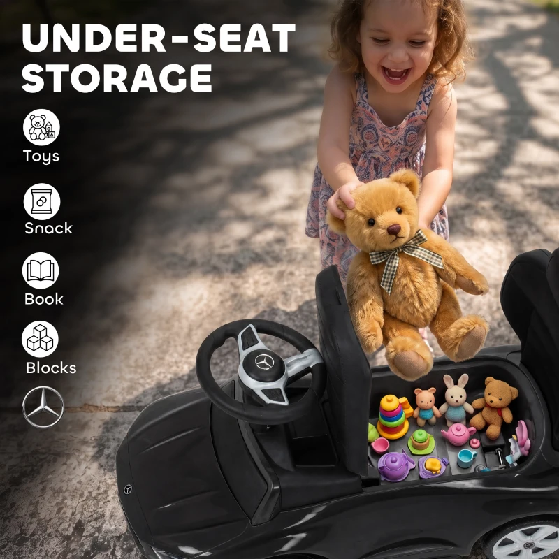 AIYAPLAY 3 in 1 Licensed Benz Ride on Push Car with Handle, Canopy, Guardrails, Horn, Music, Storage for 12-36 Months, Black