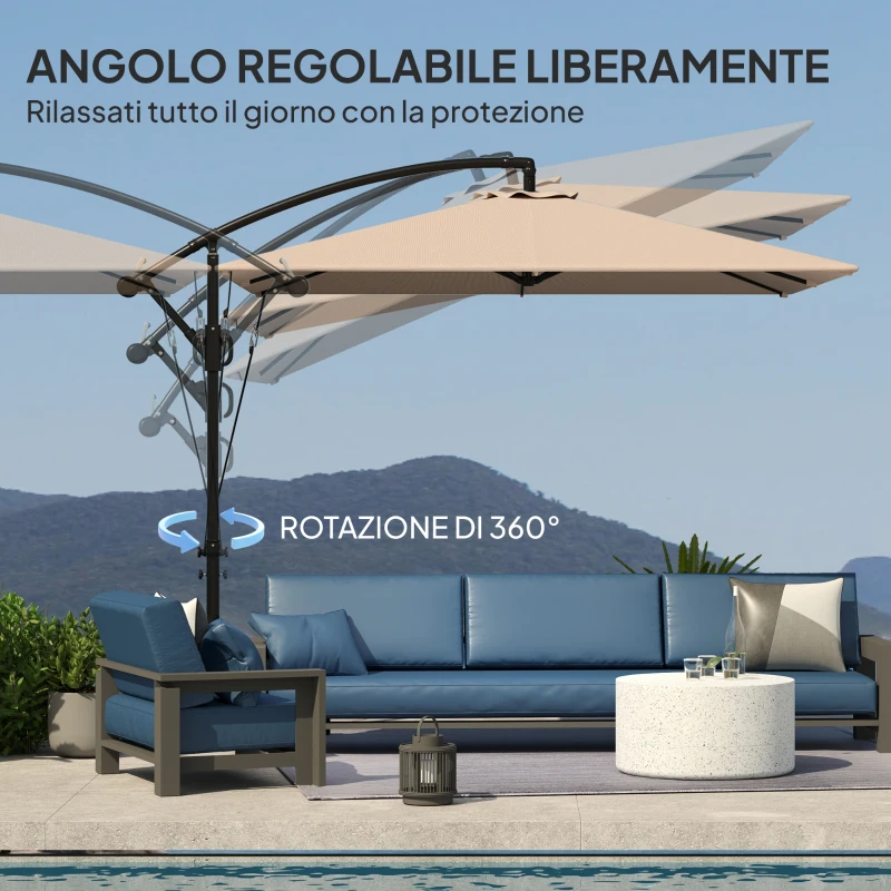 Outsunny Ombrellone Decentrato 2.5x2.5 m con Base a Croce e Manovella, in Metallo e Poliestere, Cachi