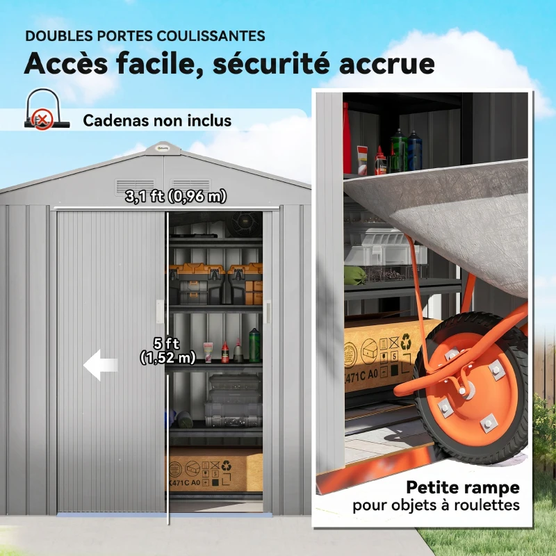 Outsunny Abri de Jardin 2,5 m² - Remise pour Outils avec Kit de Fondation - Cabanon Porte Verrouillable - Tôle d'Acier Gris