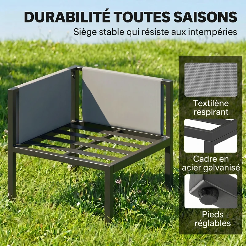 Outsunny Salon de Jardin Canapé d'Angle Extérieur 6 Pièces Coussins 10cm Table Haute et 2 Repose-pieds Gris