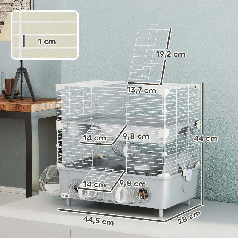 PawHut Cage pour hamster  à 2 niveaux avec roue de course salle de bain en sable pour hamster nain 44,5 x 28 x 44 cm gris