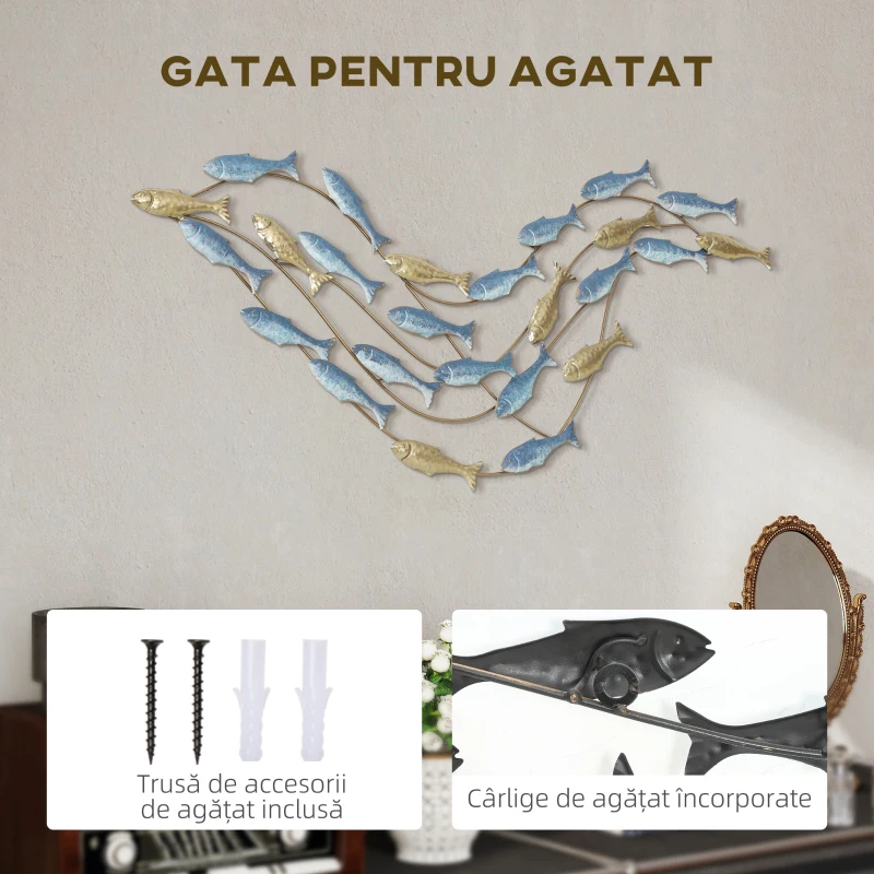 HOMCOM Artă de Perete Banc de Pești din Metal cu Șuruburi Incluse, 99,7x3,8x50,2 cm, Auriu și Albastru