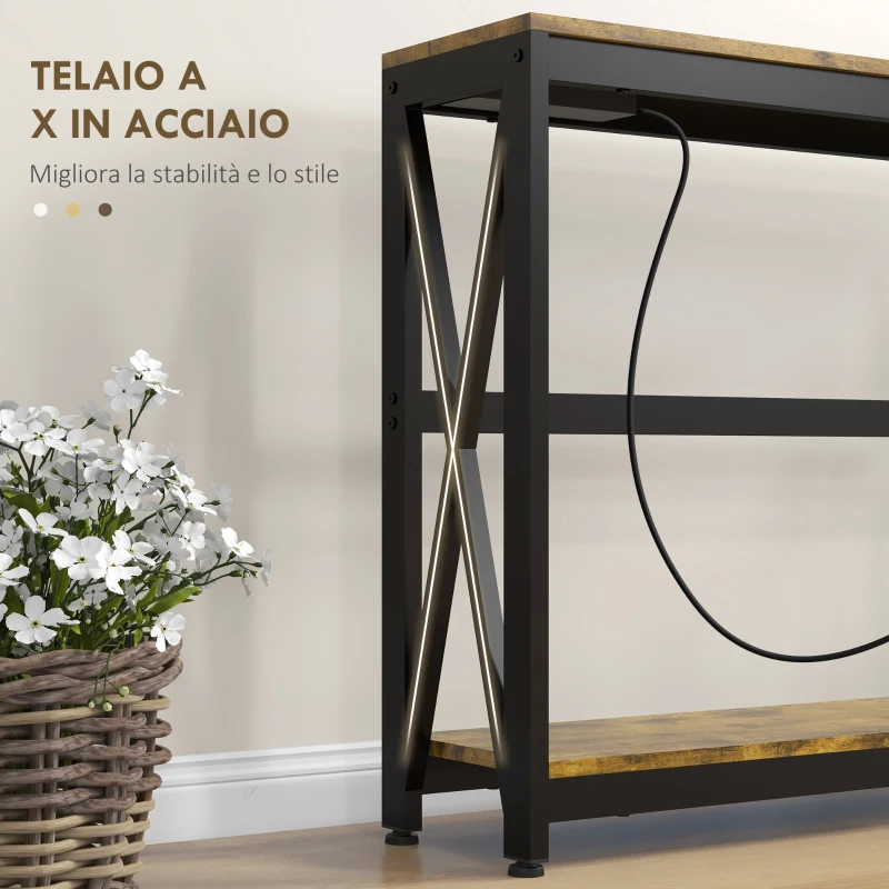 HOMCOM Consolle da Ingresso Stile Industriale con Prese di Corrente e USB, Legno e Acciaio, 100x24x75cm, Marrone