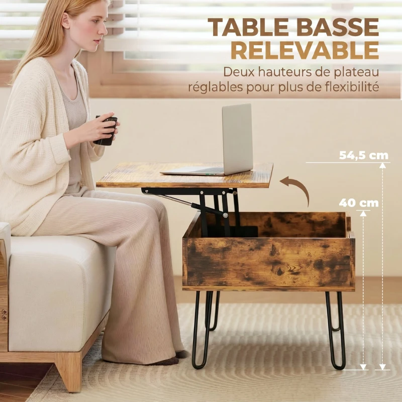 HOMCOM Table Basse Relevable en Bois avec Grand Rangement Caché, Hauteur Réglable, 95 x 50 x 40 cm, Marron Rustique