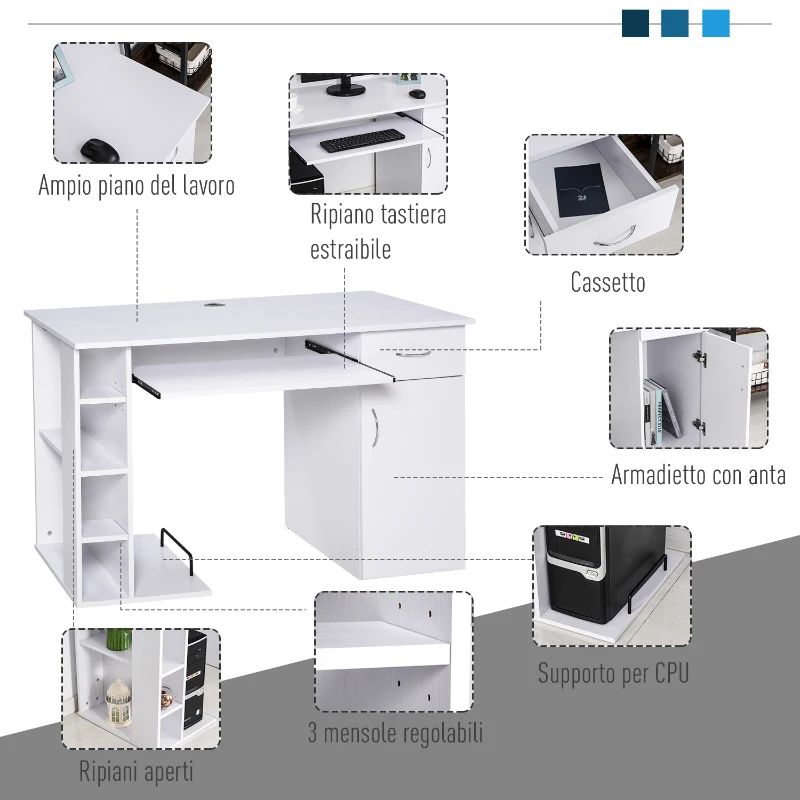 HOMCOM Scrivania per PC Ergonomica con Mensole, Armadietto, Cassetto e Piano Tastiera Estraibile, Bianca, 120x60x74cm